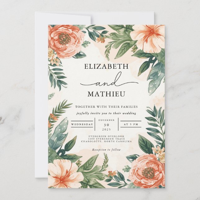 Invitation Peach Coral Botanical Florurical Mariage (Devant)