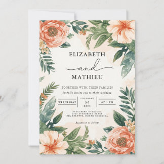Invitation Peach Coral Botanical Florurical Mariage
