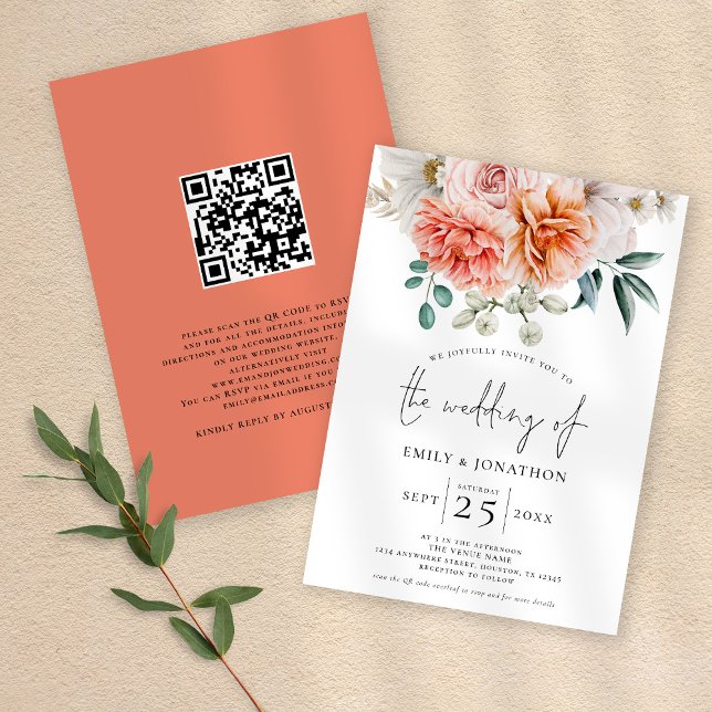 Invitation Peach Coral Peonies Florals QR Code Mariage (Front and back view)