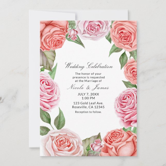 Invitation Peach Coral Rose Roses Verdure Feuille Mariage (Devant)