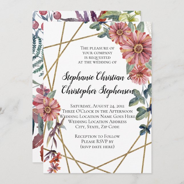 Invitation Peach Coral Zinnia Mariage d'aquarelle (Devant / Derrière)