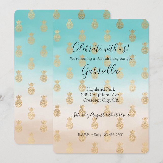 Invitation Peach Cream Aqua Ombre Gold Pineapples (Devant / Derrière)