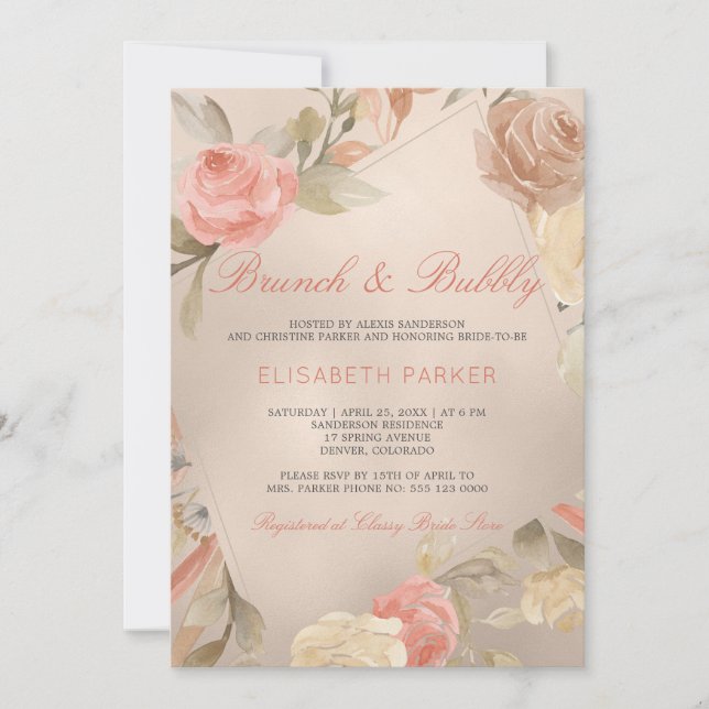 Invitation Peach Cream Faux Gold Foil Floral Brunch & Bubbly (Devant)