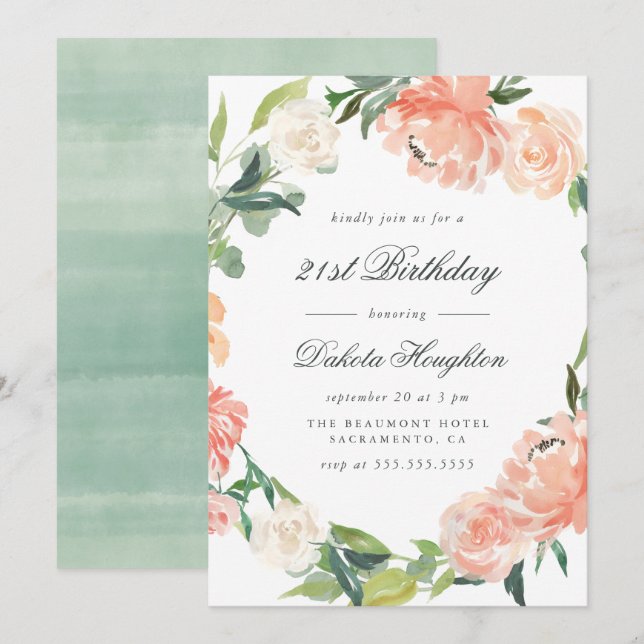 Invitation Peach & Cream Watercolor Peonies fête d'anniversai (Devant / Derrière)