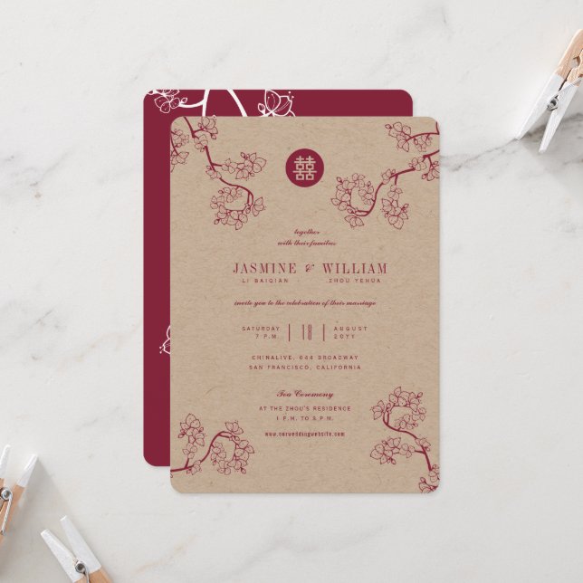 Invitation Peach Crimson Peach/Plum Blossoms Kraft Mariage ch (Devant/Arrière en situation)