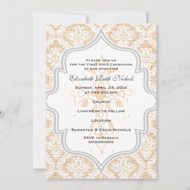 Invitation Peach Cross blanc damask burlap Première communion (Devant)