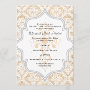 Invitation Peach Cross blanc damask burlap Première communion