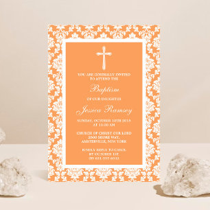 Invitation Peach Damask Cross Baptême Ou Christening