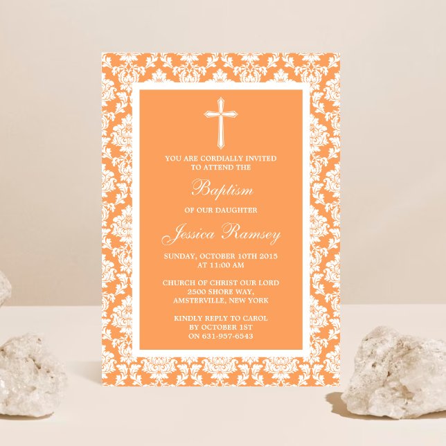 Invitation Peach Damask Cross Baptême Ou Christening (Créateur téléchargé)