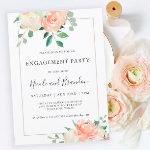 Invitation Peach Elegant Watercolor Floral Engagement Party
