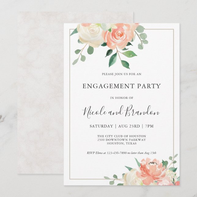 Invitation Peach Elegant Watercolor Floral Engagement Party (Devant / Derrière)