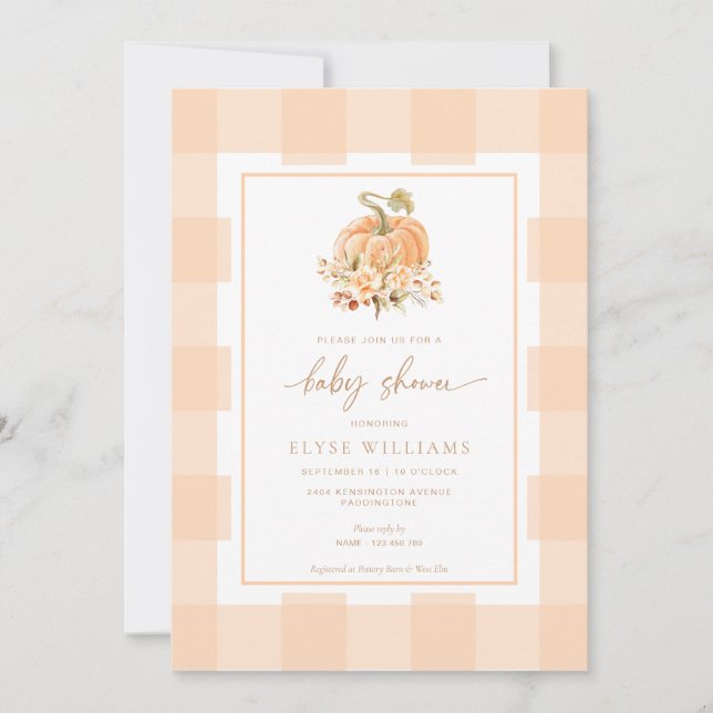Invitation Peach En vichy Un Petit Baby shower Citrouille (Devant)