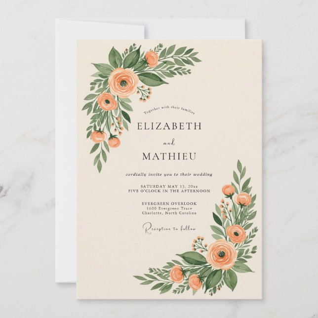 Invitation Peach Enchanting Botanical Wedding (Devant)