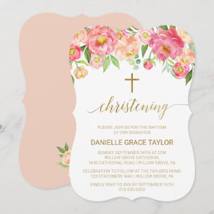 Invitation Peach et Pink Peony Flowers Christening