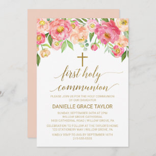 Invitation Peach et Pink Peony Flowers Première communion sai