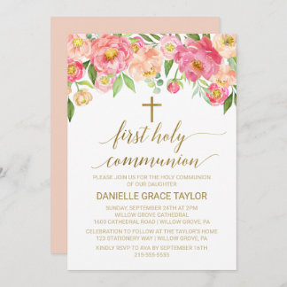 Invitation Peach et Pink Peony Flowers Première communion sai