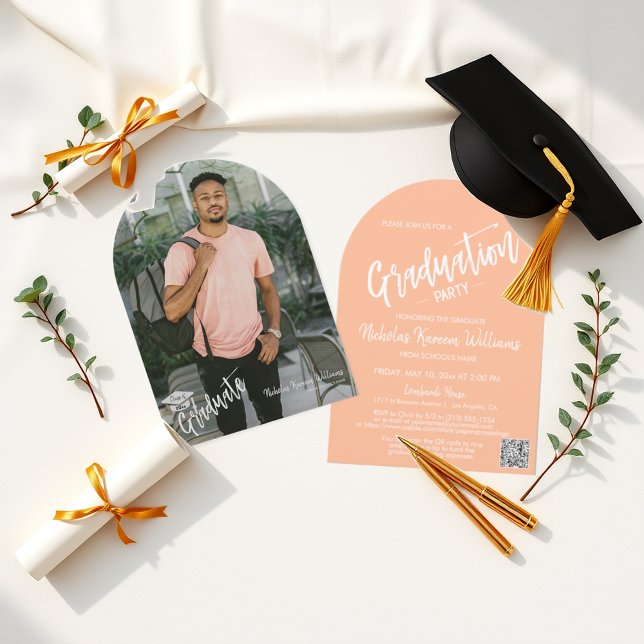Invitation Peach Fizz Arch Photo QR Code Grad Party (Créateur téléchargé)