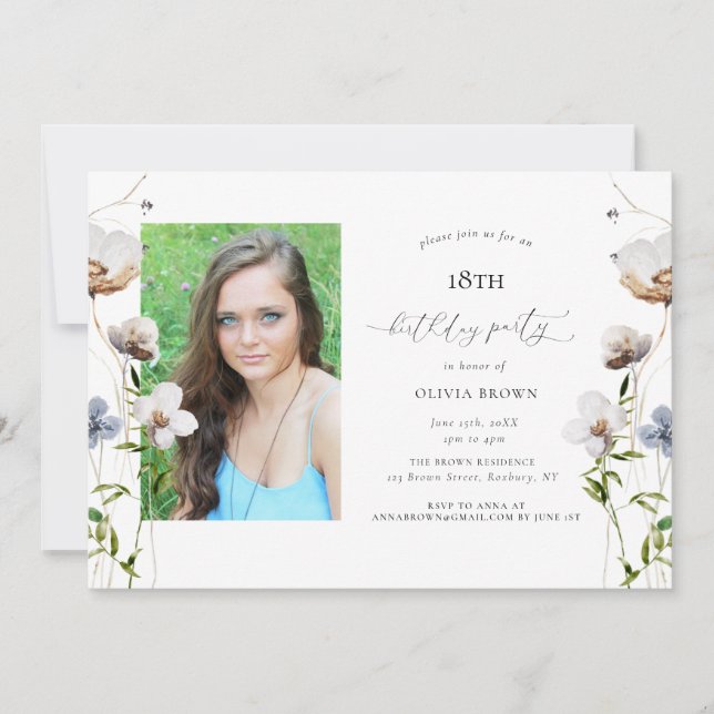 Invitation Peach Fleur sauvage Calligraphie Anniversaire (Devant)