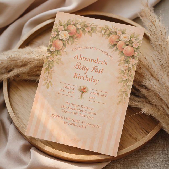 Invitation Peach Floral 1st Birthday (Créateur téléchargé)