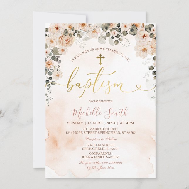 Invitation Peach Floral Aquarelle Girl Cross Gold Baptism (Devant)