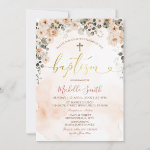 Invitation Peach Floral Aquarelle Girl Cross Gold Baptism