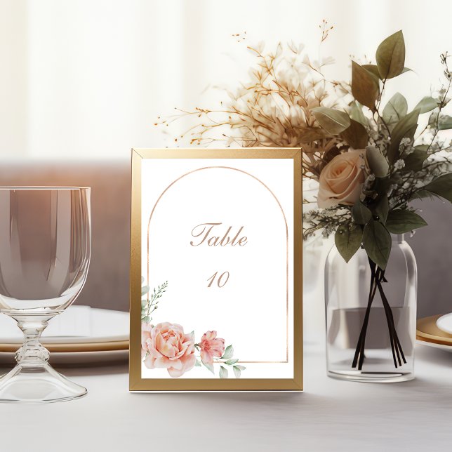 Invitation Peach Floral Aquarelle Mariage Numéro de tableau C (Peach watercolor Floral Greenery Rose Gold Arch Wedding Table number cards)