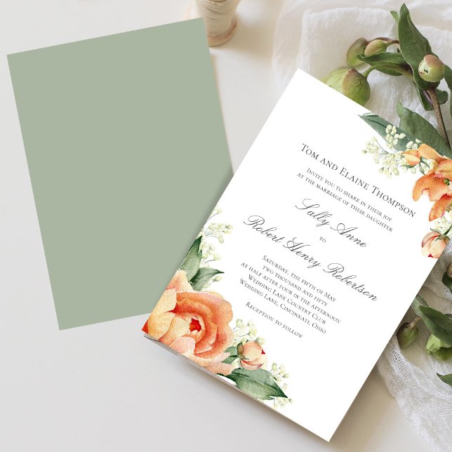 Invitation Peach Floral Corner Greenery Elegant Script (Elegant peach floral wedding design shown on mobile, perfect for modern sharing and digital previews)