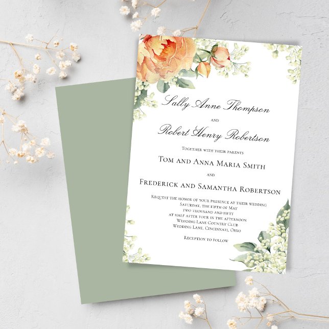 Invitation Peach Floral Corner Greenery Script Elegant (Elegant peach floral wedding design displayed on mobile, perfect for modern sharing and stylish. )