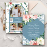 Invitation Peach Floral Lace Dusty Blue QR Code Wedding<br><div class="desc">Amaze your guests with this elegant wedding invite featuring beautiful peach roses and modern typography with QR code for online RSVP. Simply add your event details on this easy-to-use template and adorn this card with your favorite photos to make it a one-of-a-kind invitation.</div>