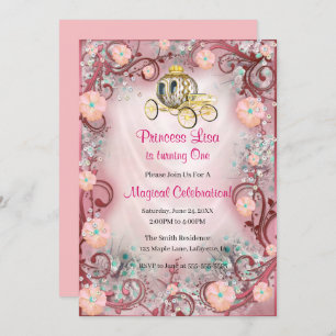 Invitation Peach Floral Princess enchantée le 1er anniversair