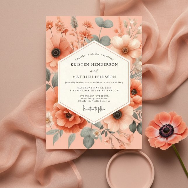 Invitation Peach Floral Romance Wedding (Créateur téléchargé)