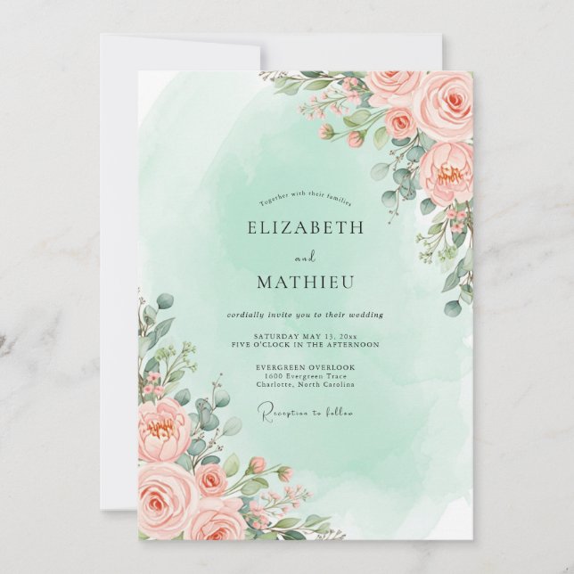 Invitation Peach Floral Romantic Wedding (Devant)