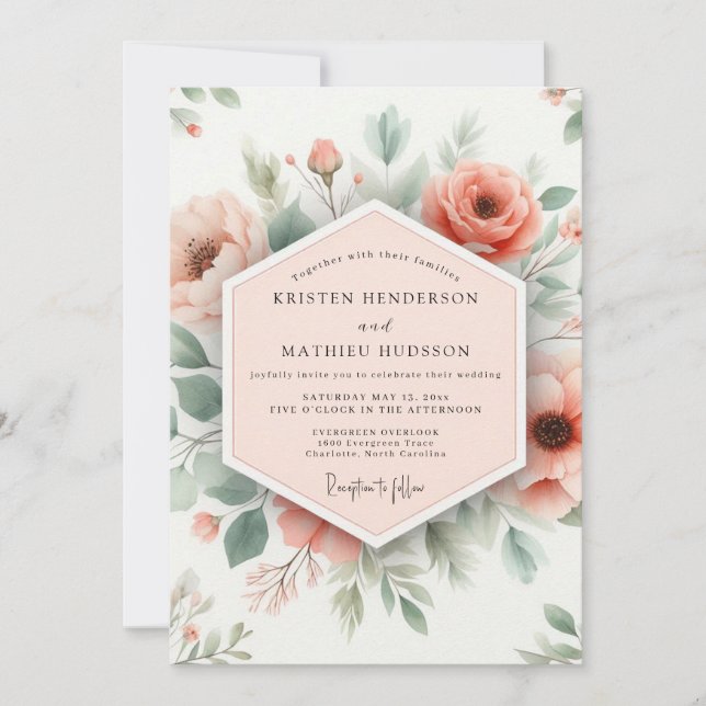 Invitation Peach Floral Romantic Wedding (Devant)