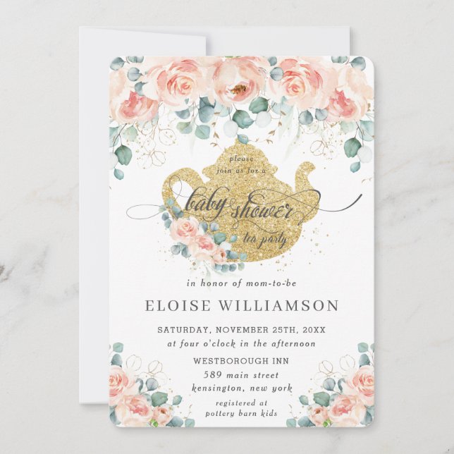 Invitation Peach Floral Rose Green Baby shower Tea Party (Devant)