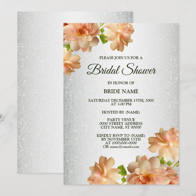 Invitation Peach Floral Silver Glitter Elegant Bridal Shower (Devant / Derrière)