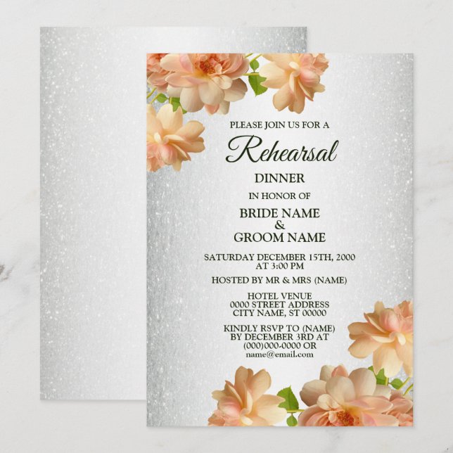 Invitation Peach Floral Silver Glitter Rehearsal Dinner (Devant / Derrière)
