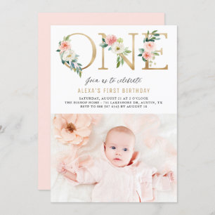 Invitation Peach Florals Faux Gold Foil Premier anniversaire 