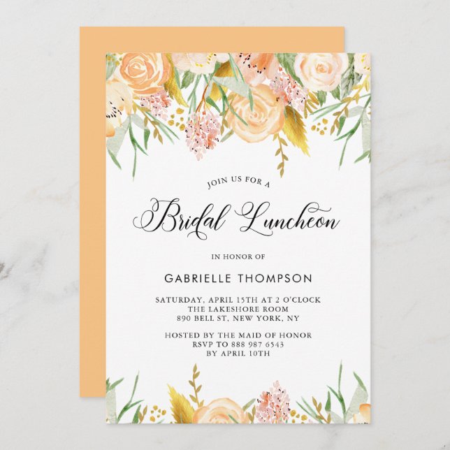 Invitation Peach Flowers et Gold Feuille Bridal Luncheon (Devant / Derrière)
