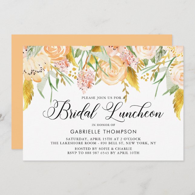 Invitation Peach Flowers Gold Feuille Bridal Luncheon (Devant / Derrière)