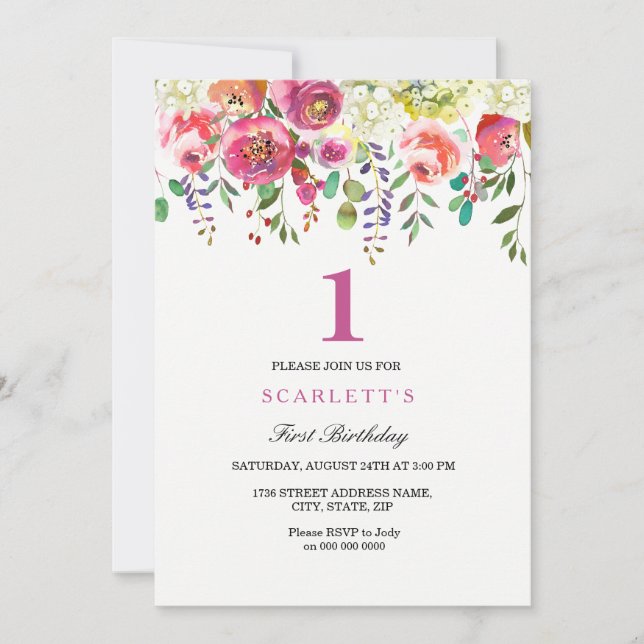Invitation Peach Flowers rose Fille 1er anniversaire Invitati (Devant)