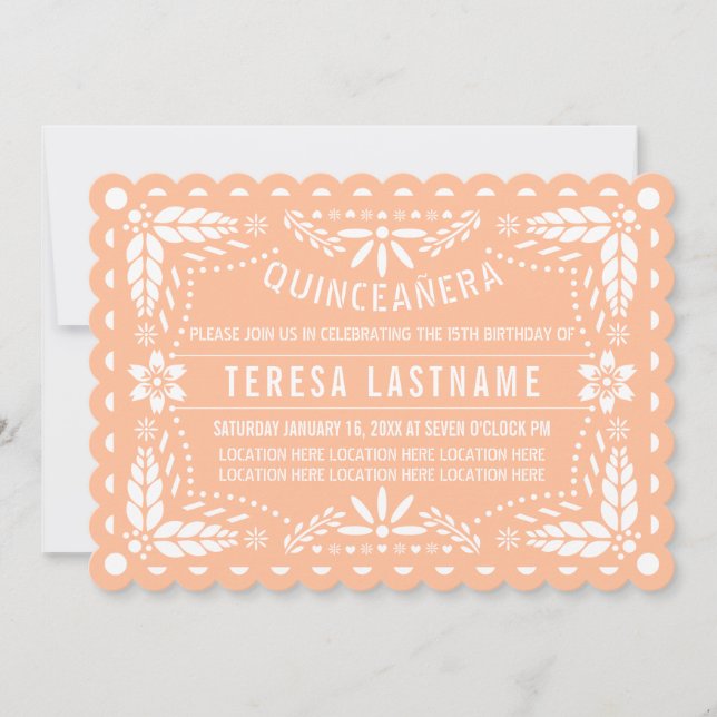 Invitation Peach fuzz and white papado picado Quinceañera (Devant)