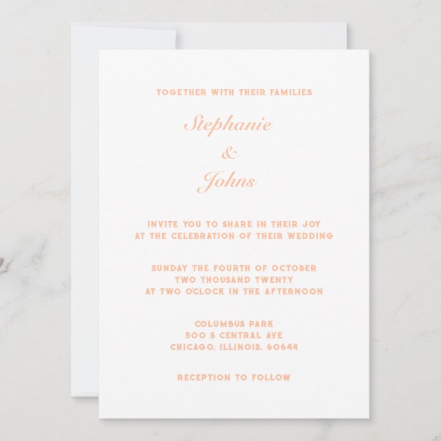 Invitation Peach Fuzz Blanc Élégant Simple Minimal Mariage (Devant)