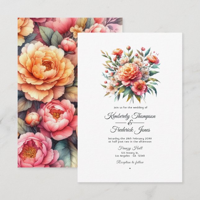 Invitation Peach Fuzz Floral Mariage (Devant / Derrière)