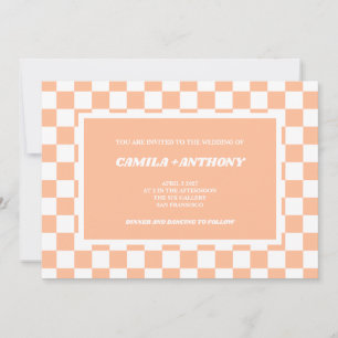 Invitation Peach Fuzz White À damiers En vichy Motif Mariage