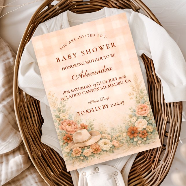 Invitation Peach Gingham Western Floral Baby Shower (Créateur téléchargé)