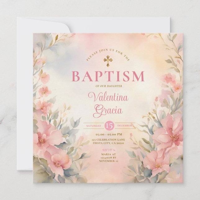 Invitation Peach Girl rose Aquarelle Baptême Cross Floral (Devant)