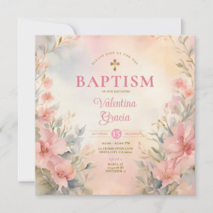 Invitation Peach Girl rose Aquarelle Baptême Cross Floral