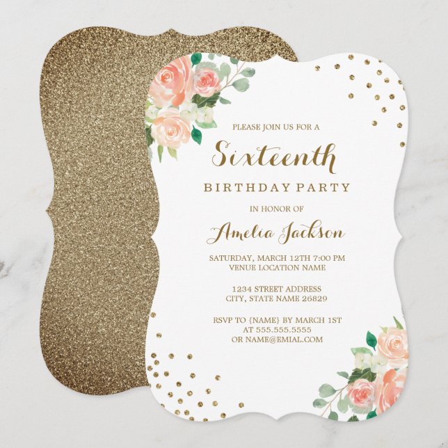 Invitation Peach Gold Floral Confetti 16e fête d'anniversaire (Devant / Derrière)