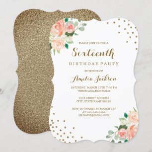 Invitation Peach Gold Floral Confetti 16e fête d'anniversaire