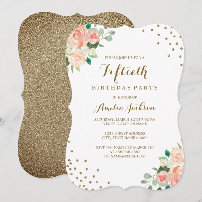 Invitation Peach Gold Floral Confetti 50ème anniversaire (Devant / Derrière)